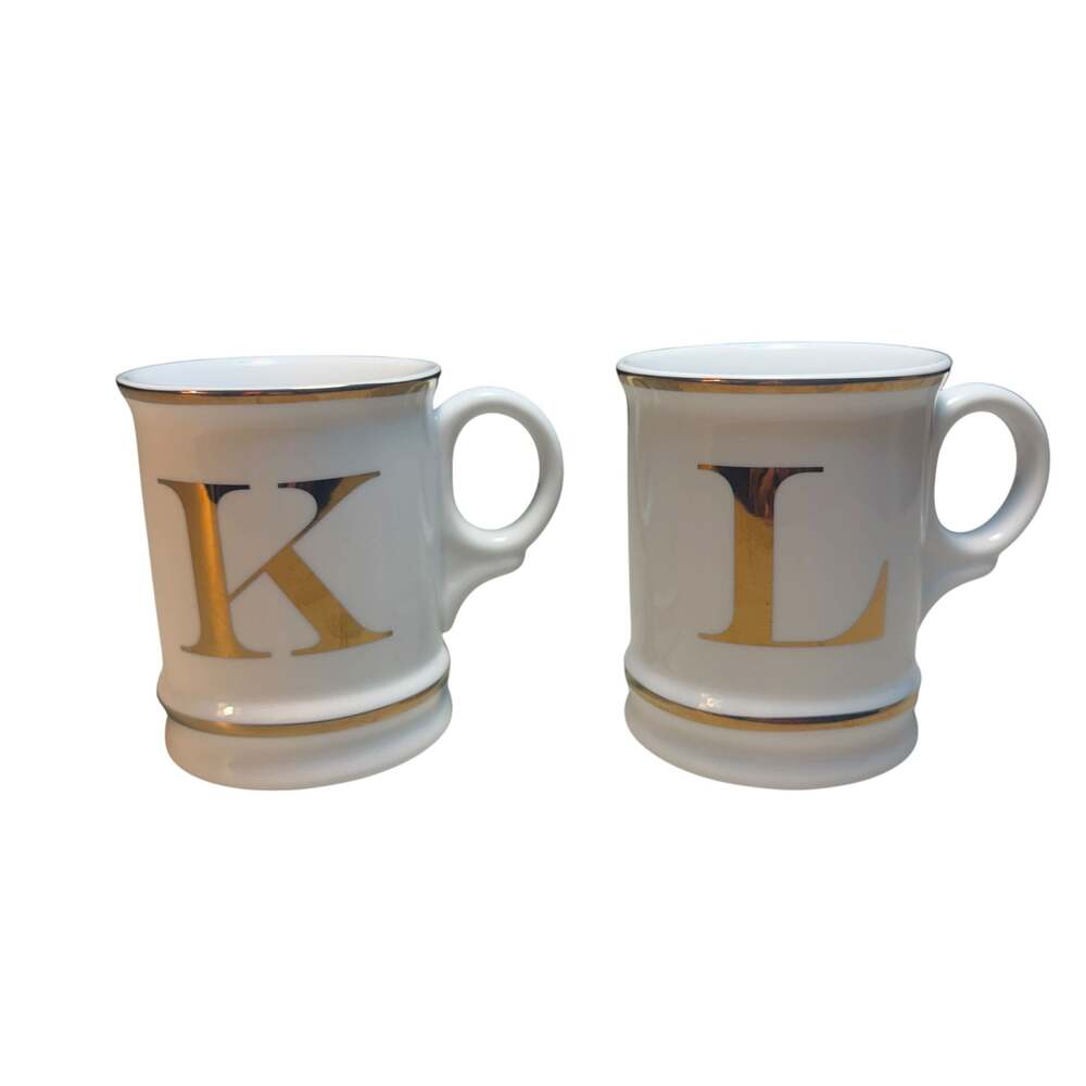 Williams Sonoma Initial Monogram Gold Trim Coffee Mugs Letters K and L Set of 2
